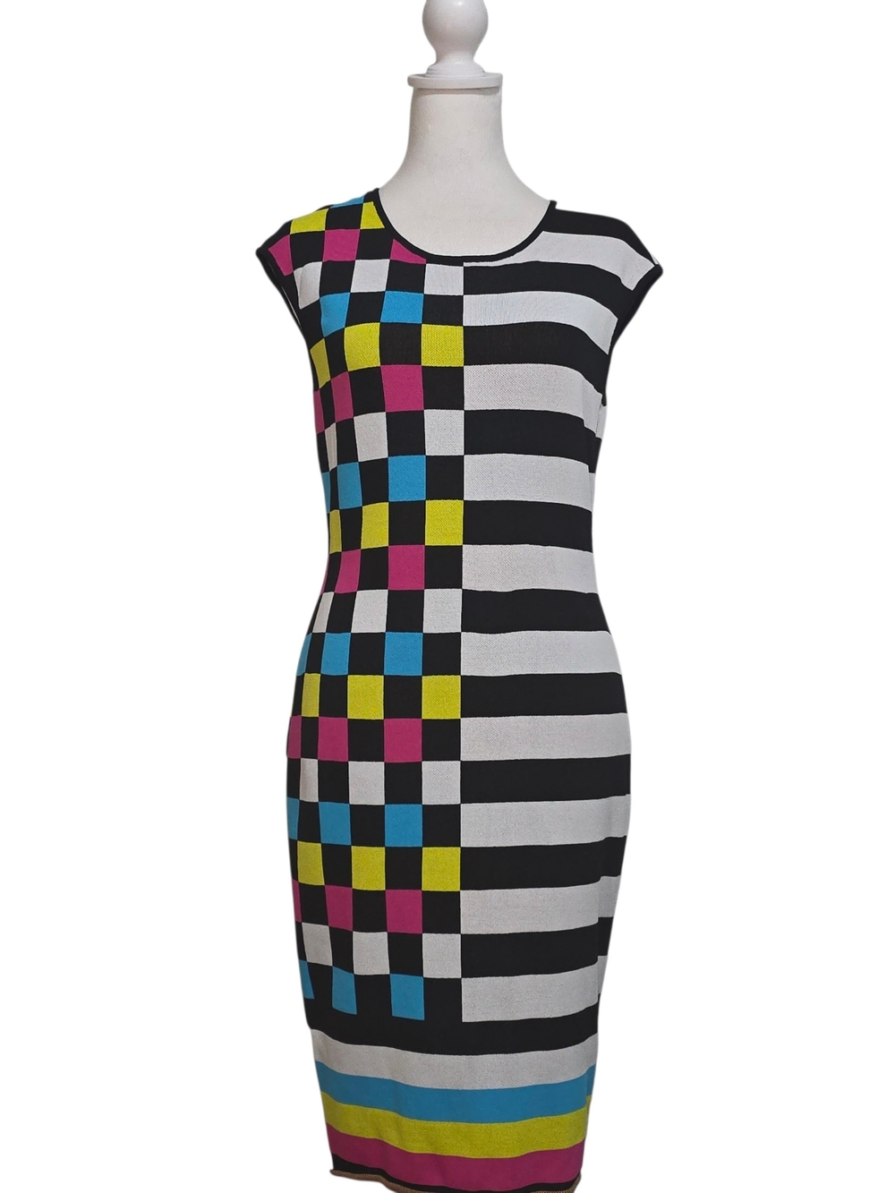 NY & Co Colorblock Striped Sweater Knit Midi Dress Geometric Bodycon Size M